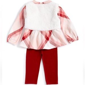 FIRST IMPRESSIONS- Baby Girls Faux Fur Vest, Flannel Top and Pants, 3 Piece Set
